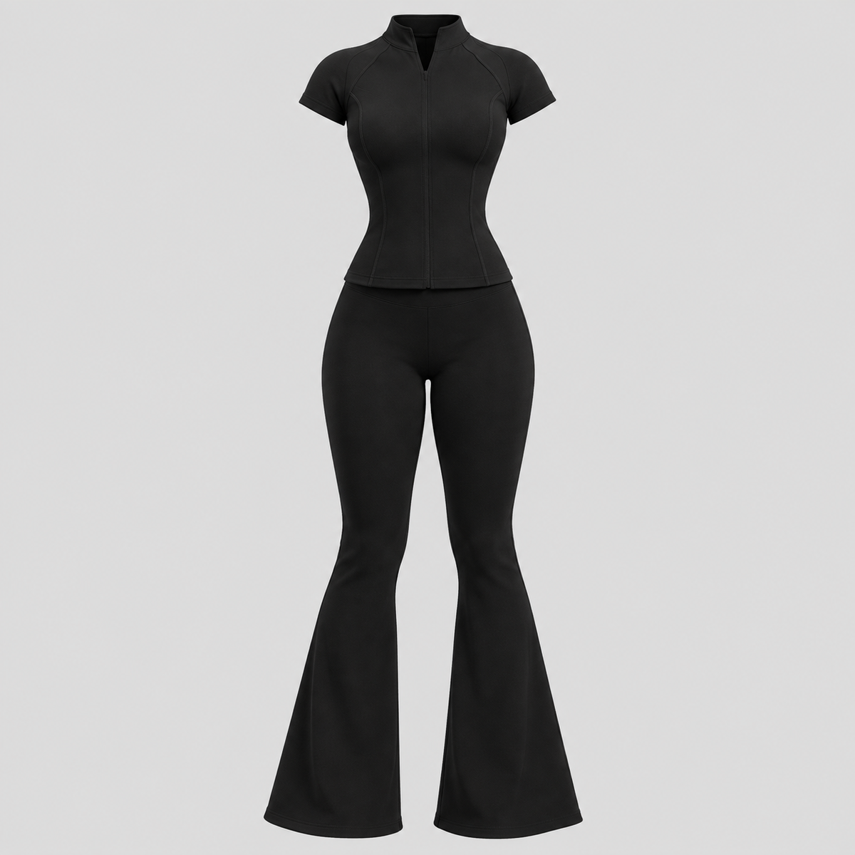 Ensemble Sculpt & Flare – T-shirt Zippé & Legging Pattes d’Éléphant