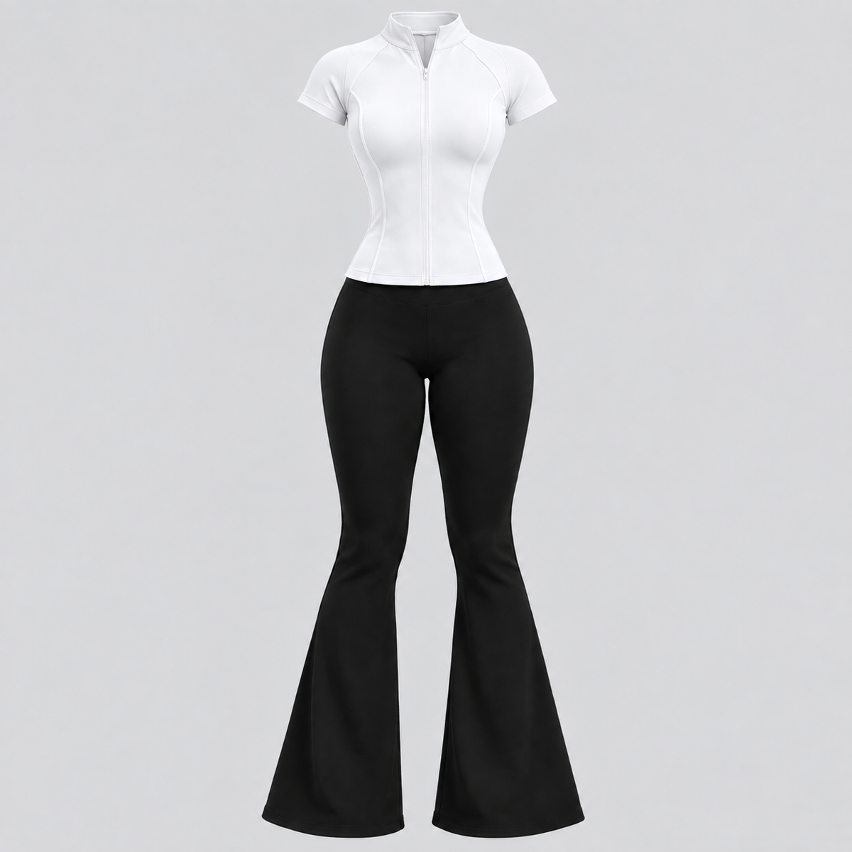 Ensemble Sculpt & Flare – T-shirt Zippé & Legging Pattes d’Éléphant